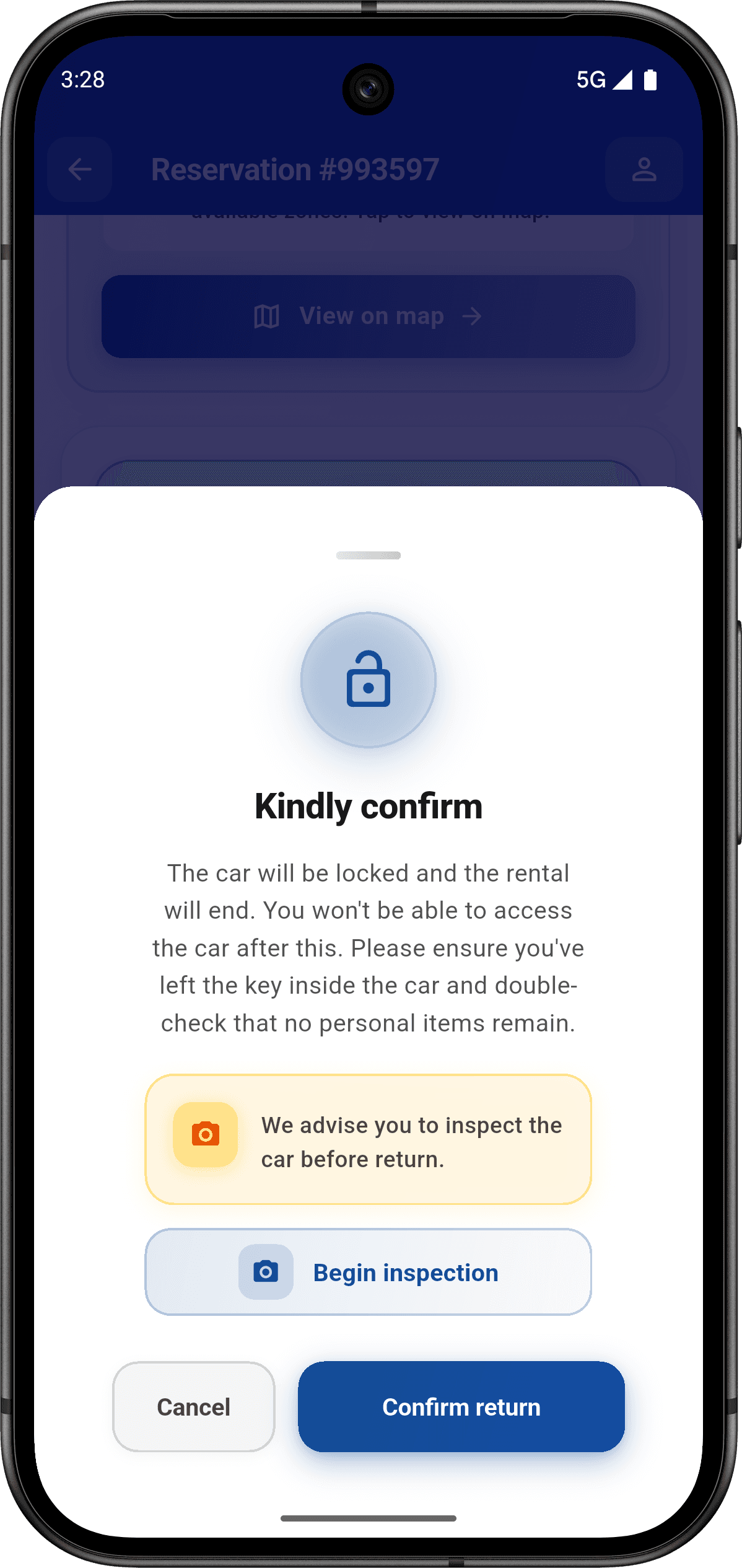 Confirmation modal with return instructions