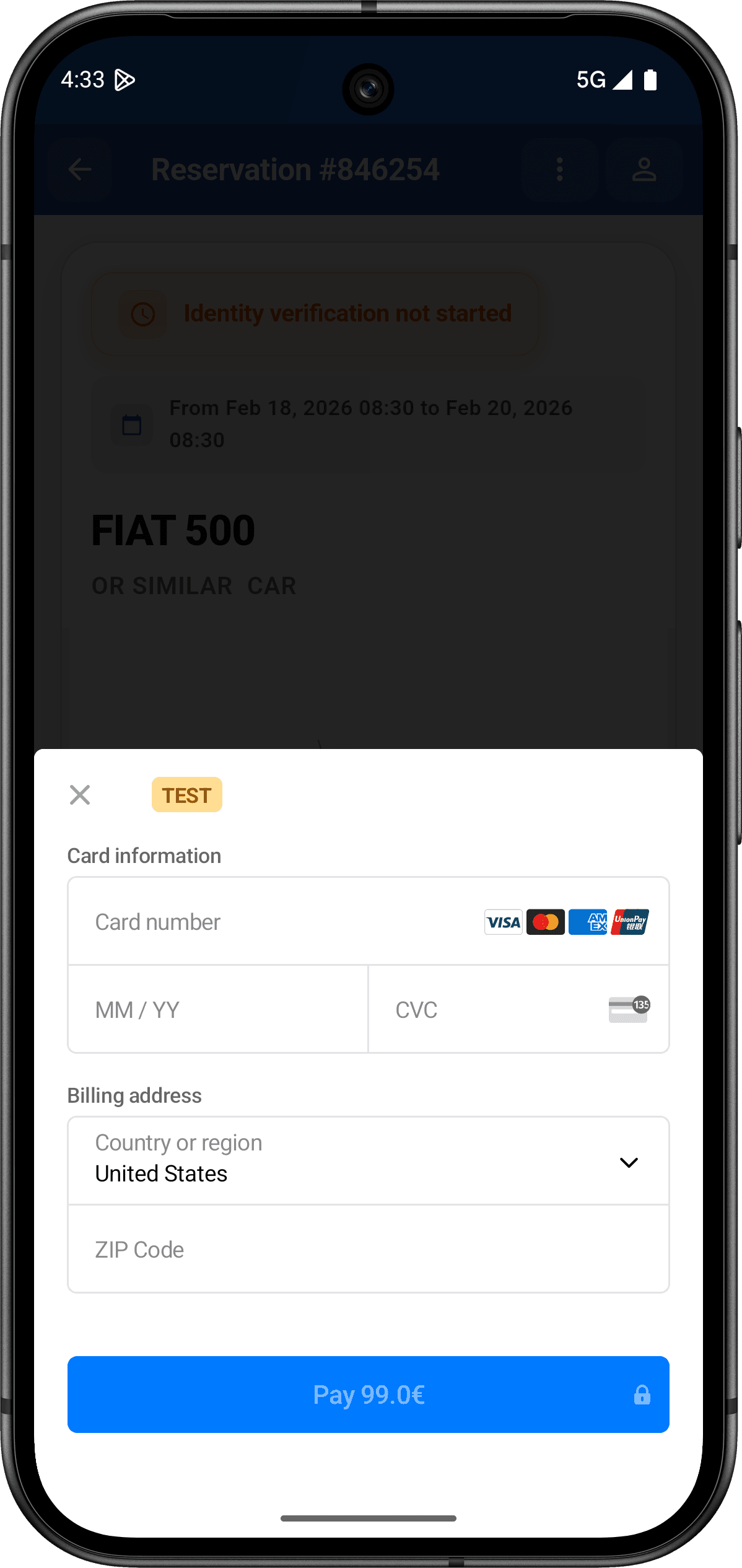 Secure payment screen with Stripe integration