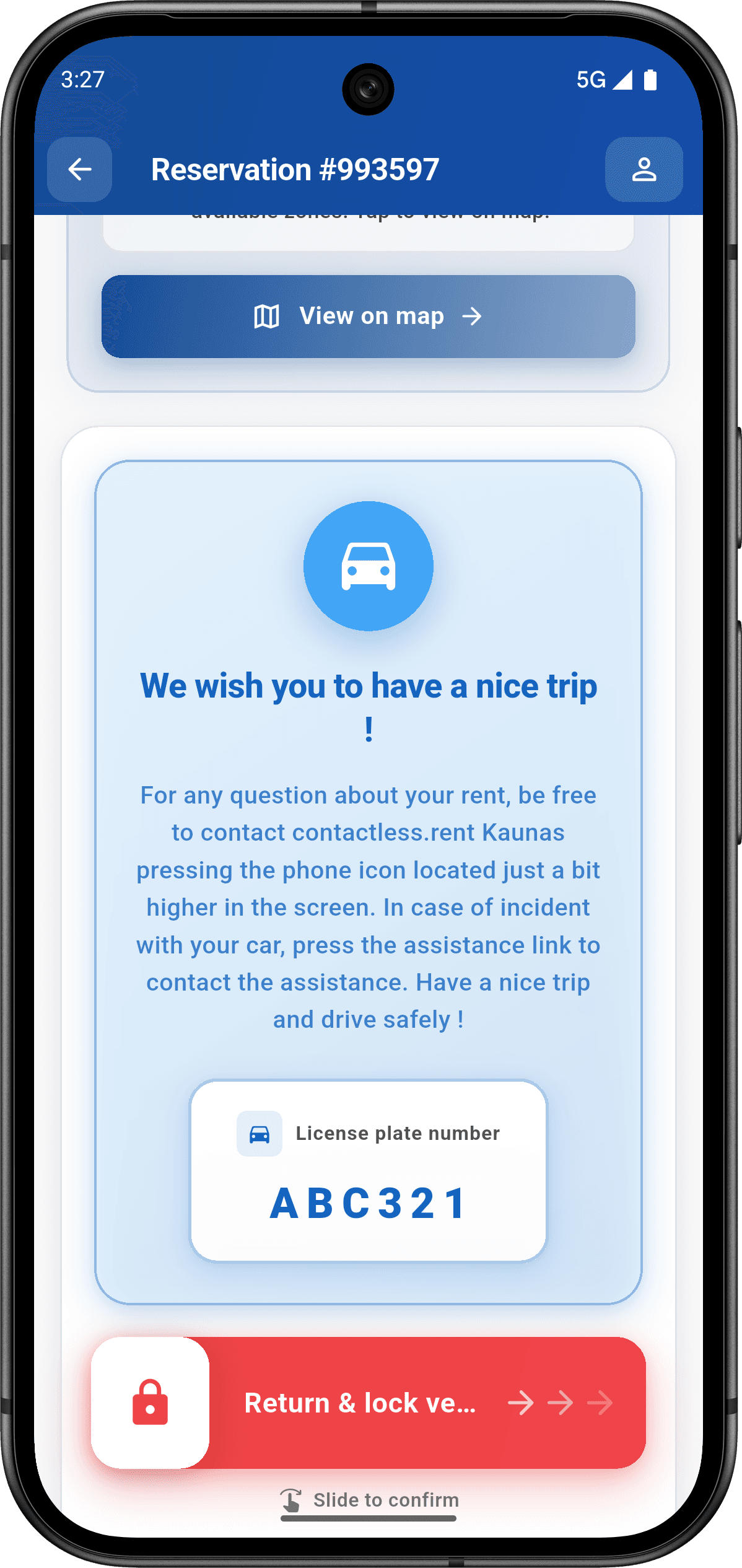 Active rental with slide-to-confirm lock button