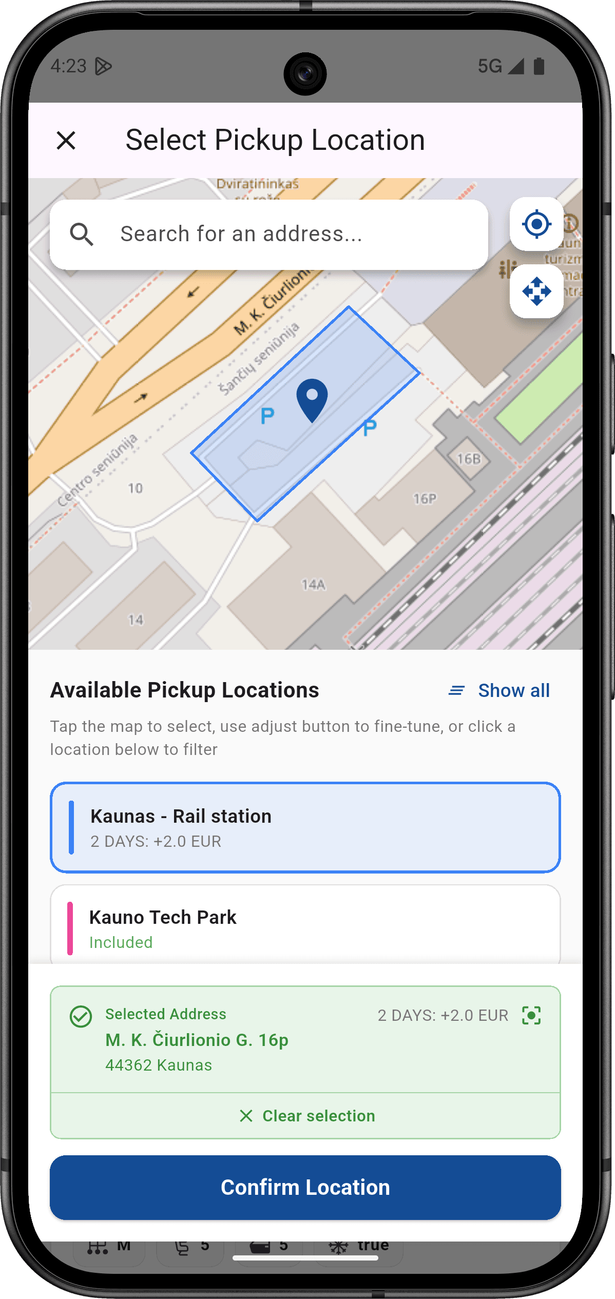 Interactive map for selecting pickup location
