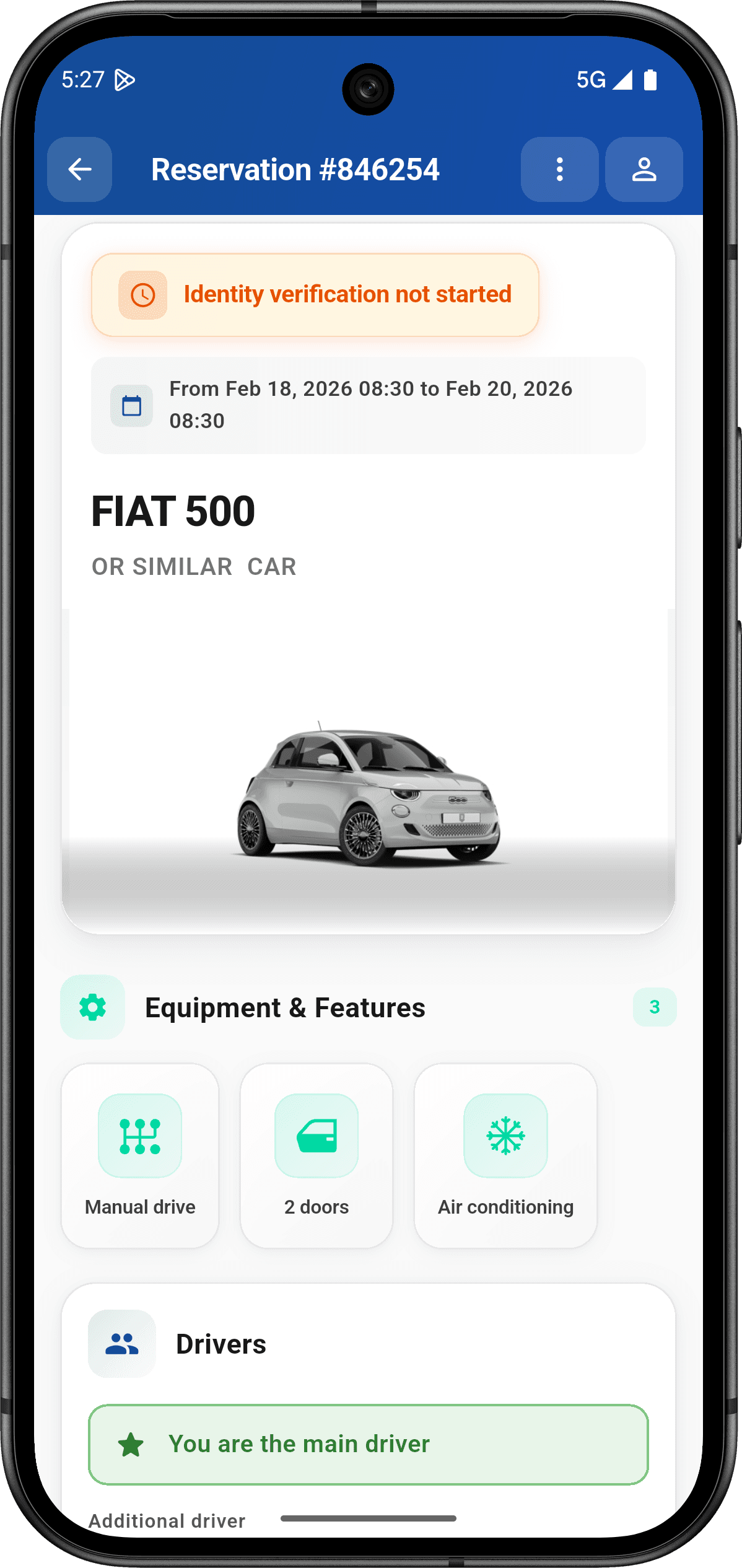 Reservation details with car image and verification status