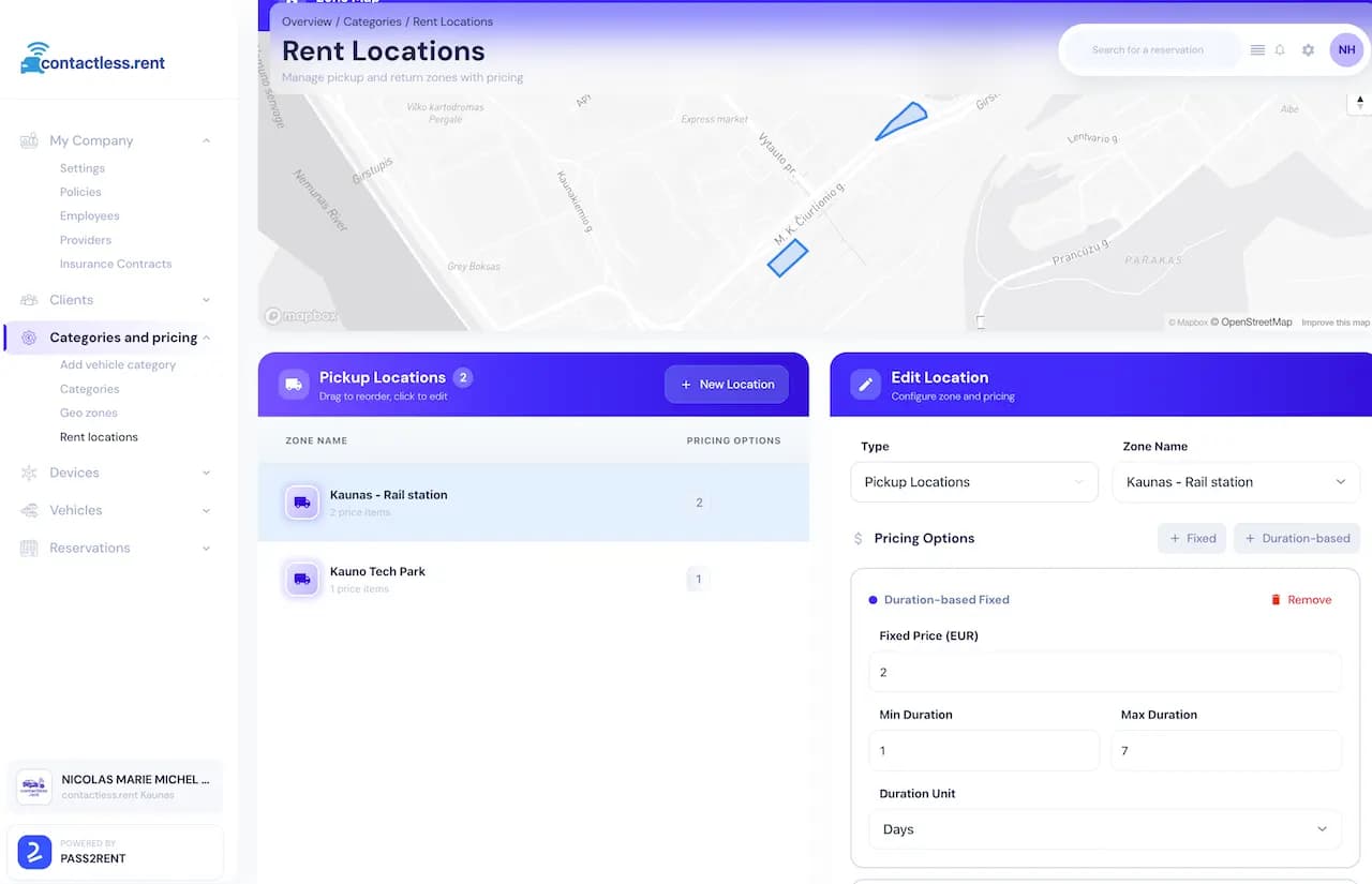 Location pricing configuration interface showing pickup zones with fixed and duration-based pricing options