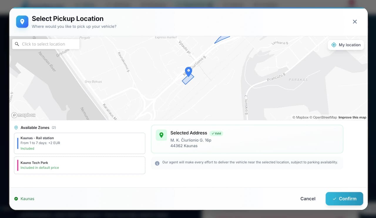 PASS2RENT pickup location selection with zones and pricing