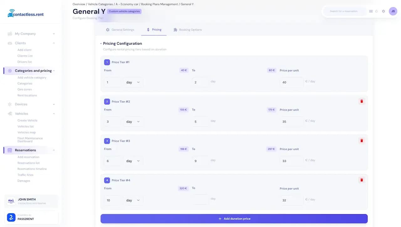 Fleet configuration interface showing pricing and zone settings