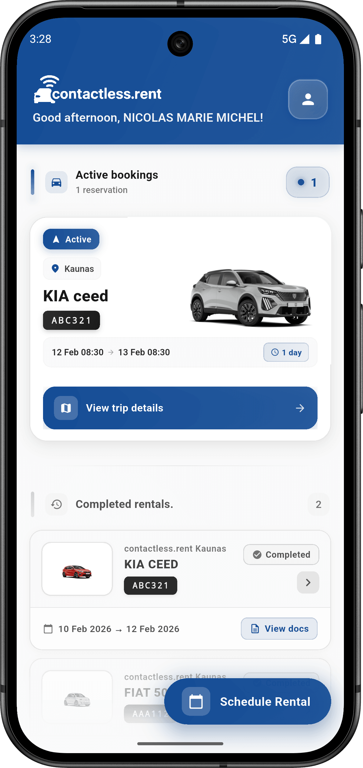 PASS2RENT app dashboard showing personalized greeting and active booking
