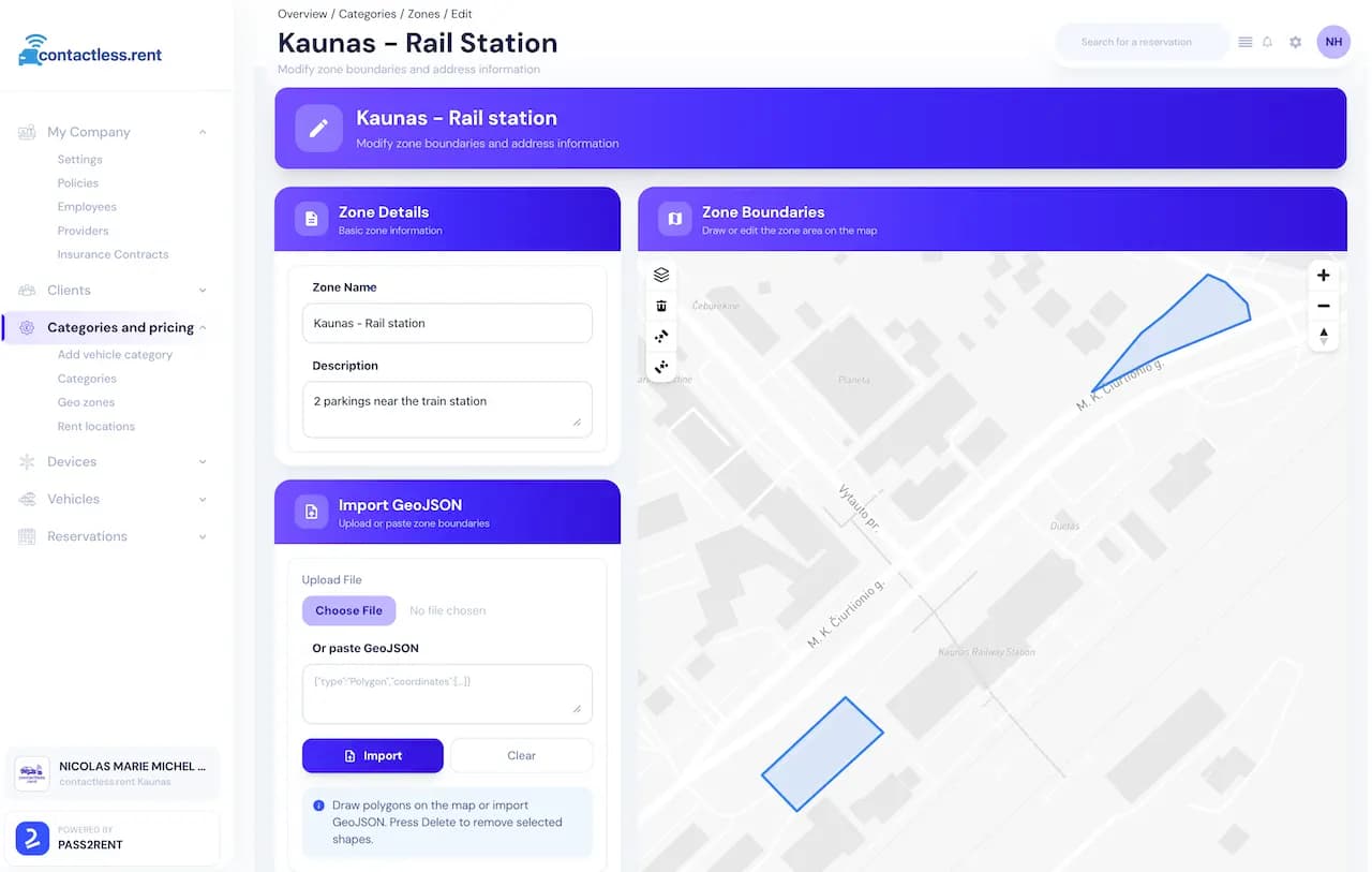 Interactive map interface for defining geographical zones with polygon drawing tools and GeoJSON import