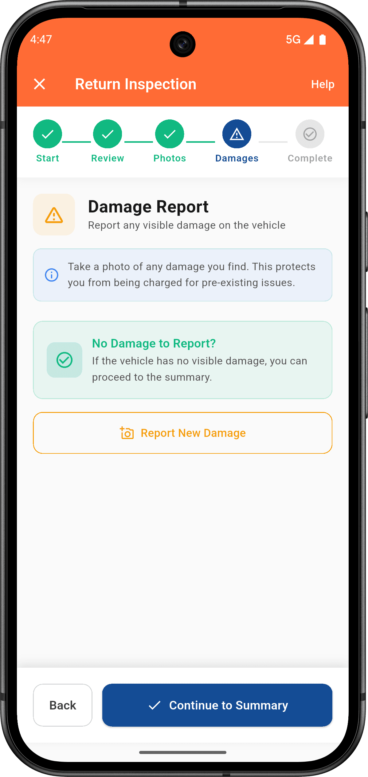 Damage reporting screen with report option