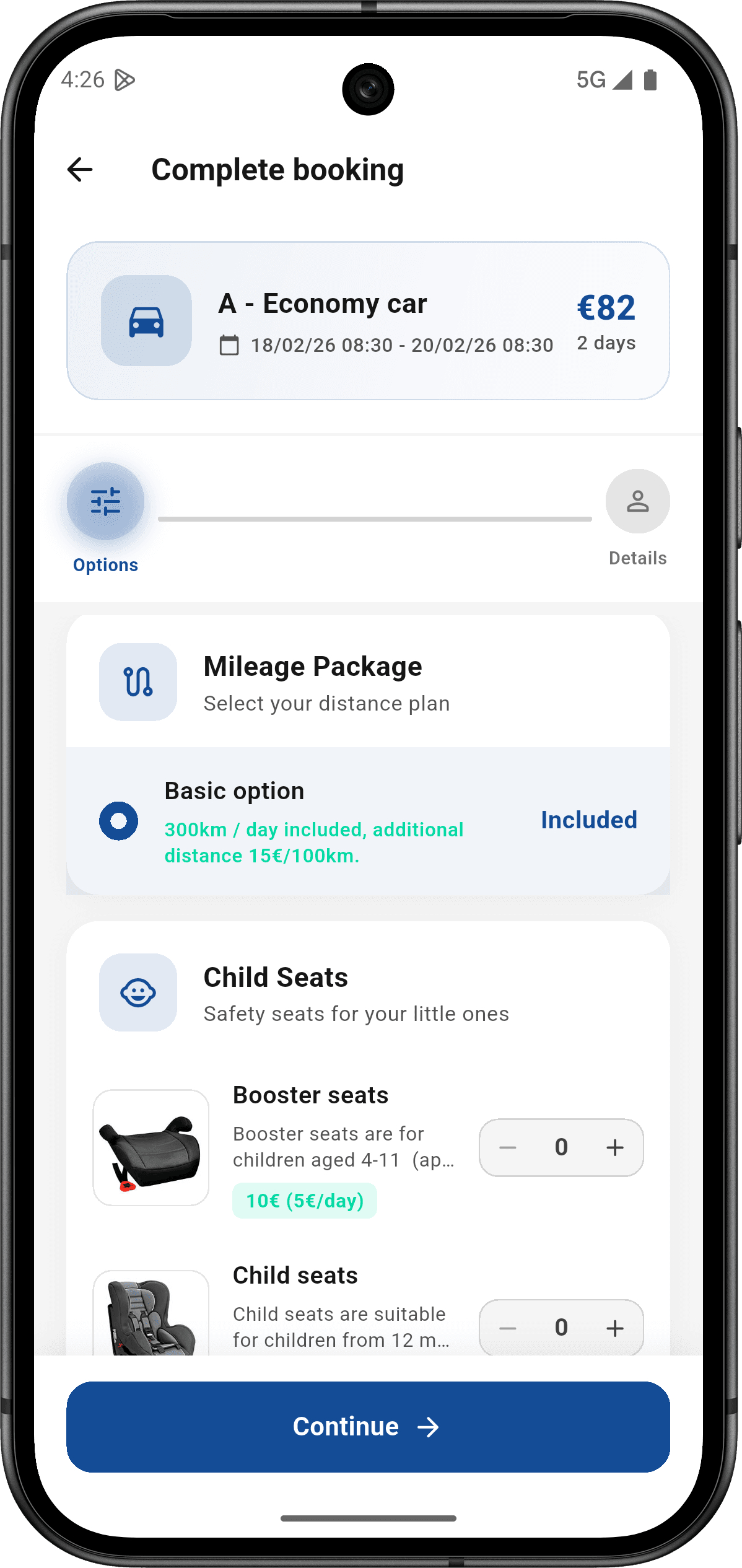 Extras selection including mileage packages and child seats