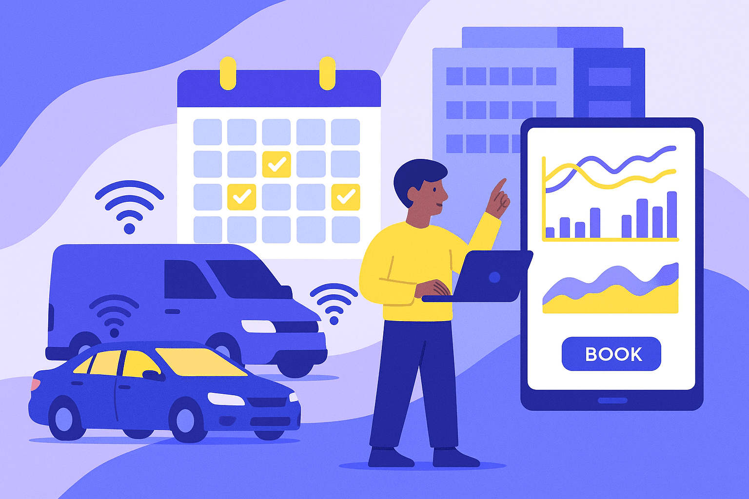 Corporate fleet management dashboard showing digital booking system with real-time vehicle tracking, driver verification, and analytics across multiple locations